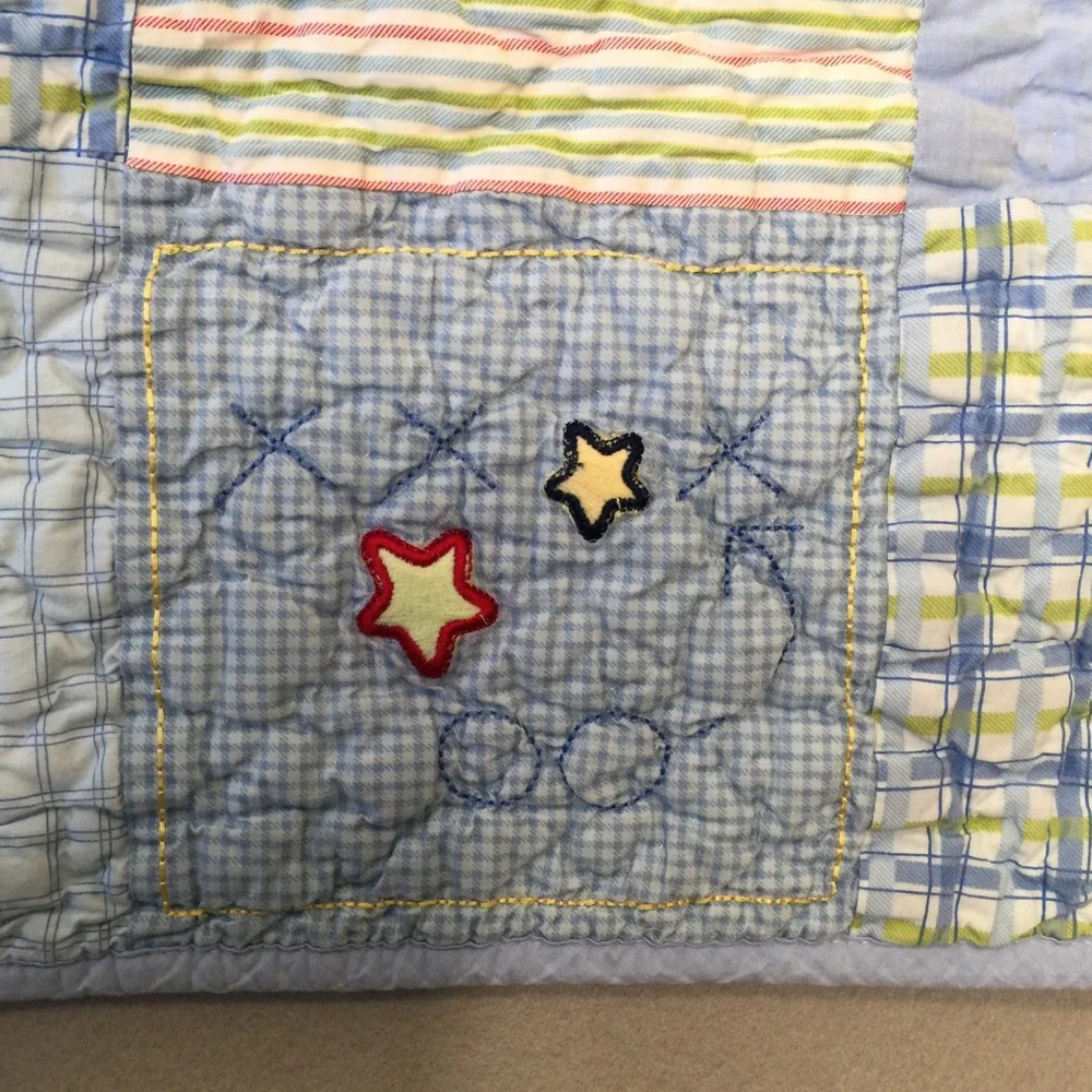 Carters Child of Mine Baby Quilt Blanket Blue Sports Puppy Patchwork Cotton